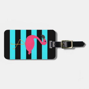 Pink Flamingo on Teal and Black Luggage Tag