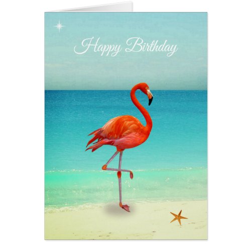 Pink Flamingo on the Beach  Birthday Card