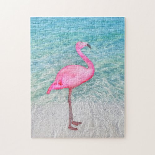 Pink Flamingo on Tropical Beach Jigsaw Puzzle