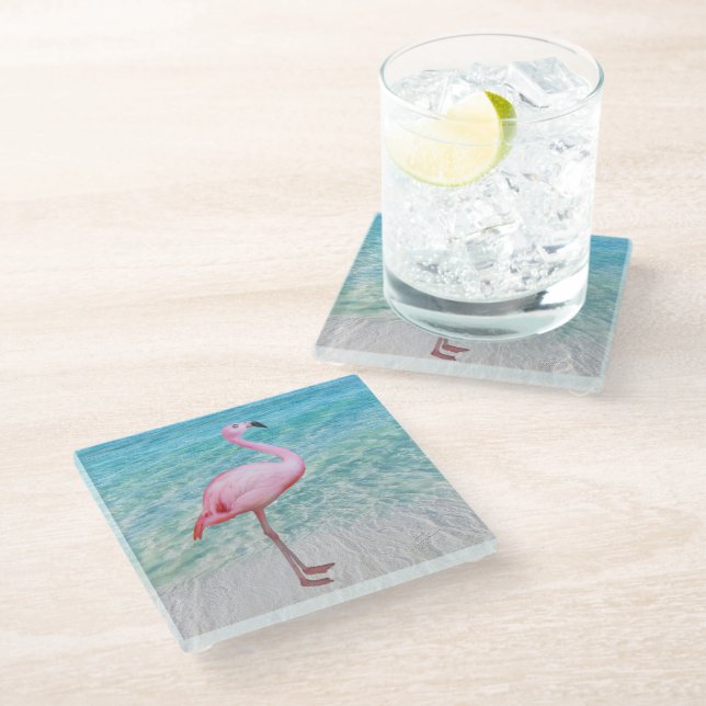 Pink Flamingo on Tropical Beach Seaside Coastal Glass Coaster (Angled)