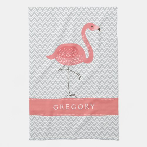 Pink Flamingo On White  Gray Chevron Pattern Kitchen Towel