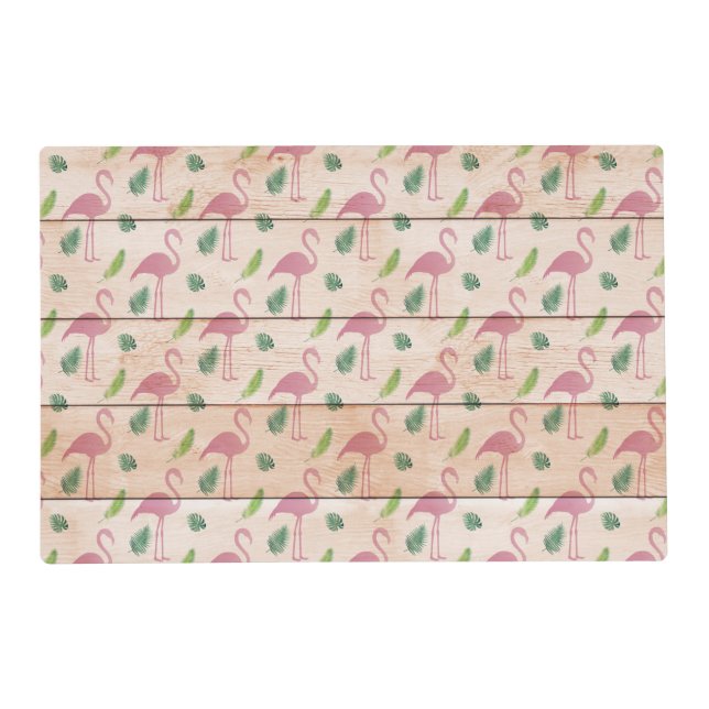 Pink Flamingo on Wood Pattern laminated Placemat (Front)