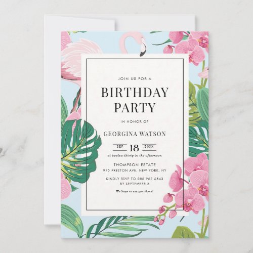 Pink Flamingo Orchid Tropical Birthday Invitation