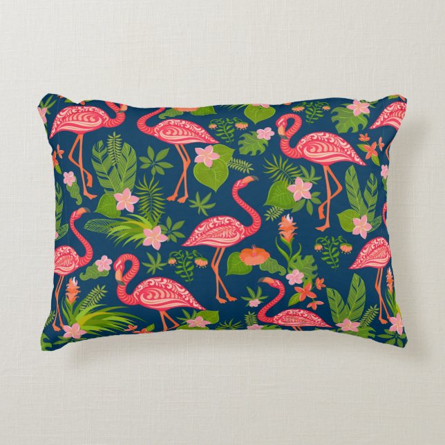 Pink flamingo ornament on a striped turquoise back accent pillow (Front)