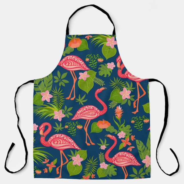 Pink flamingo ornament on a striped turquoise back apron (Front)