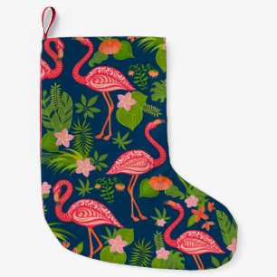 Pink flamingo ornament on a striped turquoise back small christmas stocking