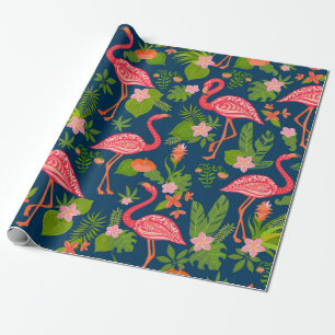 Pink flamingo ornament on a striped turquoise back wrapping paper