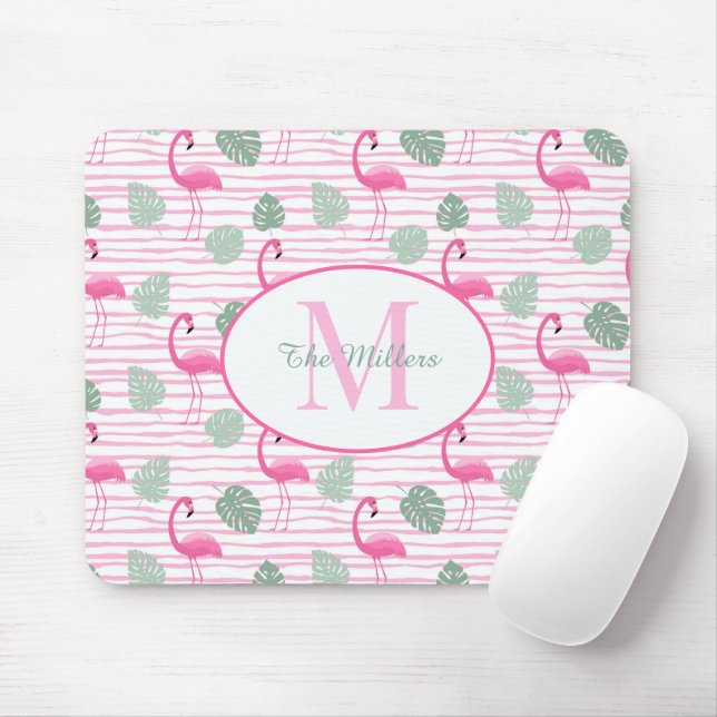 Pink Flamingo Oval Initial Monogram, Personalized Mouse Pad (With Mouse)