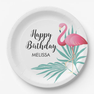 Pink Flamingo Palm Leaves Birthday Paper Plates