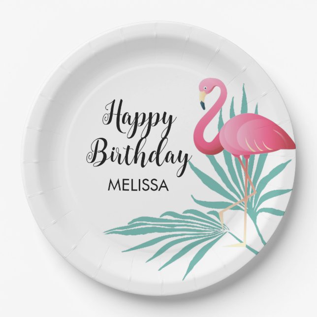 Pink Flamingo Palm Leaves Birthday Paper Plates (Front)