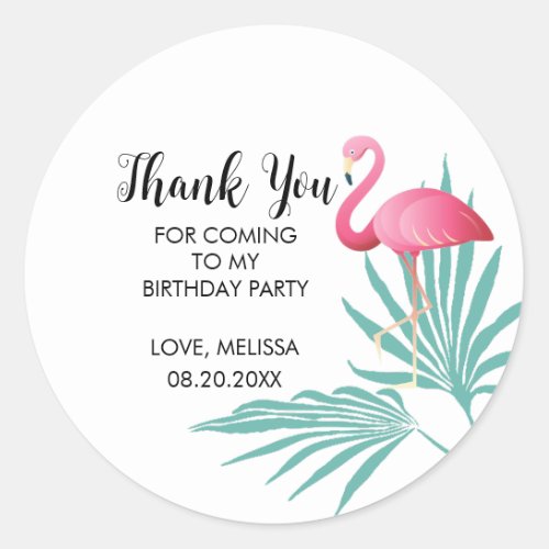 Pink Flamingo Palm Leaves Birthday Thank You Classic Round Sticker