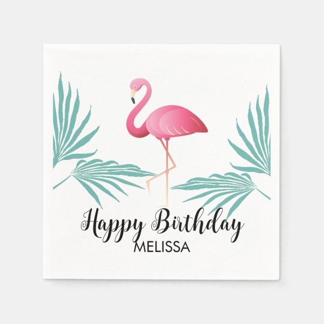 Pink Flamingo Palm Leaves Greenery Birthday Napkins (Front)