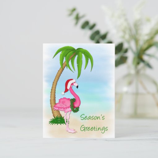 Pink Flamingo Palm Tree Christmas Postcard | Zazzle