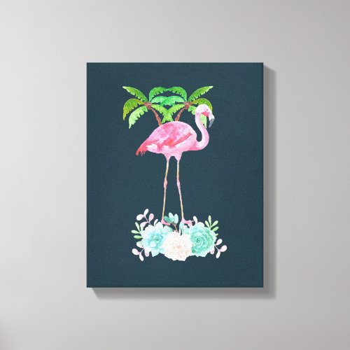 Pink Flamingo Palm trees and Floral Succulents Canvas Print