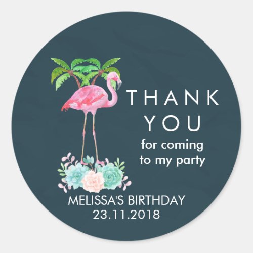 Pink Flamingo Palm trees and Floral Succulents Classic Round Sticker