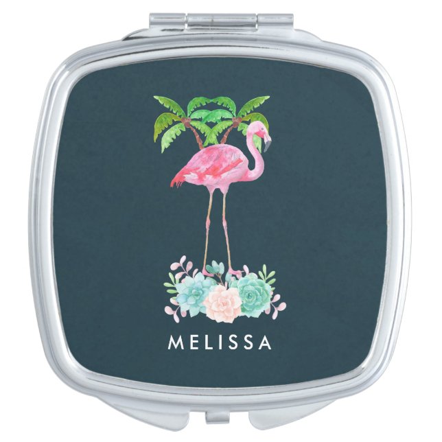 Pink Flamingo Palm trees and Floral Succulents Compact Mirror (Front)