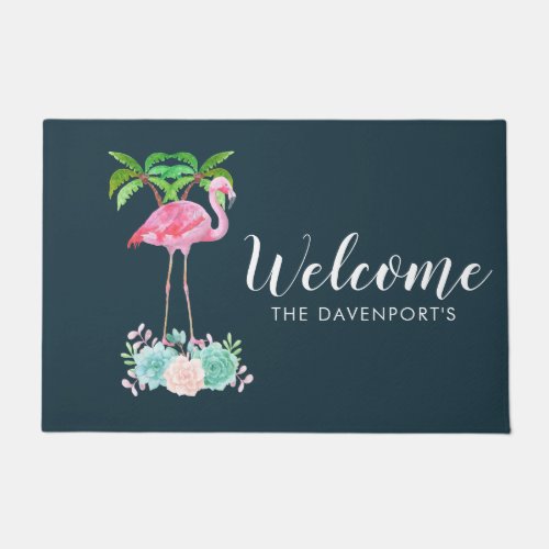 Pink Flamingo Palm trees and Floral Succulents Doormat