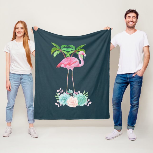 Pink Flamingo Palm trees and Floral Succulents Fleece Blanket (In Situ)