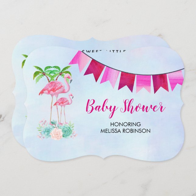 Pink Flamingo Palm trees and Floral Succulents Invitation (Front/Back)