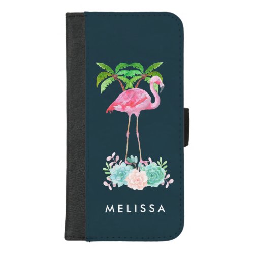 Pink Flamingo Palm trees and Floral Succulents iPhone 87 Plus Wallet Case