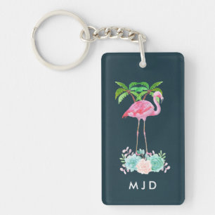 Pink Flamingo Palm trees and Floral Succulents Keychain