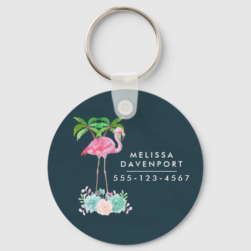 Pink Flamingo Palm trees and Floral Succulents Keychain