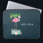 Pink Flamingo Palm trees and Floral Succulents Laptop Sleeve<br><div class="desc">Laptop sleeve with an illustration of a pink flamingo standing on a bed of floral succulent flowers with green palm trees swaying in the back. Tropical and pretty. 
The background is dark blue.</div>