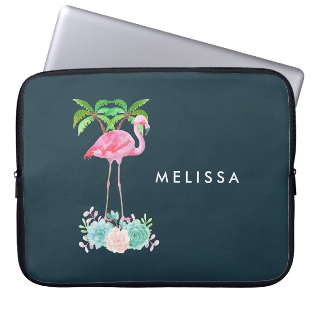 Pink Flamingo Palm trees and Floral Succulents Laptop Sleeve (Front)