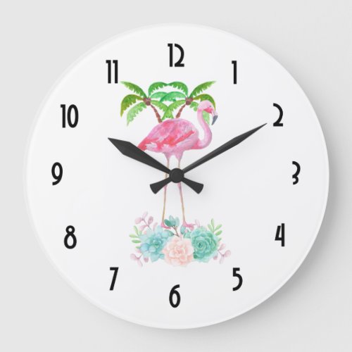 Pink Flamingo Palm trees and Floral Succulents Large Clock