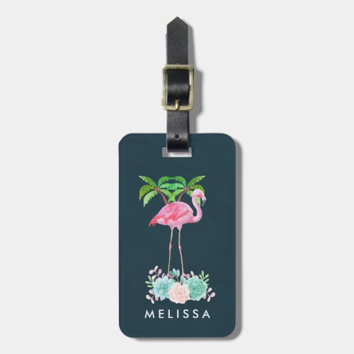 Pink Flamingo Palm trees and Floral Succulents Luggage Tag