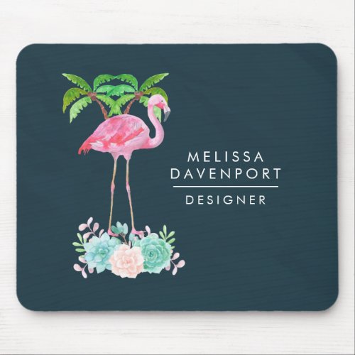 Pink Flamingo Palm trees and Floral Succulents Mouse Pad