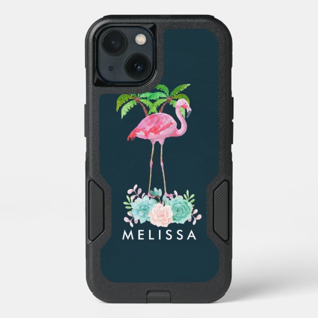 Pink Flamingo Palm trees and Floral Succulents Otterbox iPhone Case (Back)