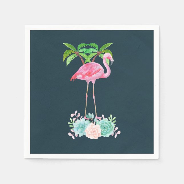 Pink Flamingo Palm trees and Floral Succulents Paper Napkins (Front)