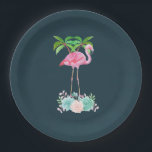 Pink Flamingo Palm trees and Floral Succulents Paper Plates<br><div class="desc">Paper plates with an illustration of a pink flamingo standing on a bed of floral succulent flowers with green palm trees swaying in the back. Tropical and pretty. The background is dark blue.</div>
