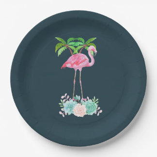 Pink Flamingo Palm trees and Floral Succulents Paper Plates