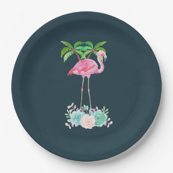 Pink Flamingo Palm Trees And Floral Succulents Paper Plates by Mirribug at Zazzle