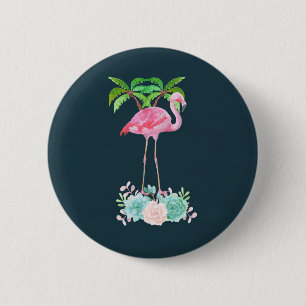 Pink Flamingo Palm trees and Floral Succulents Pinback Button