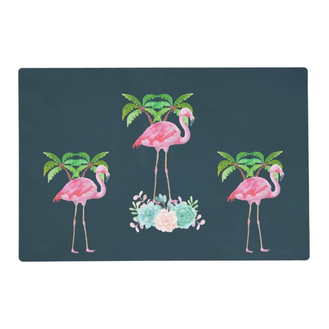 Pink Flamingo Palm trees and Floral Succulents Placemat (Front)