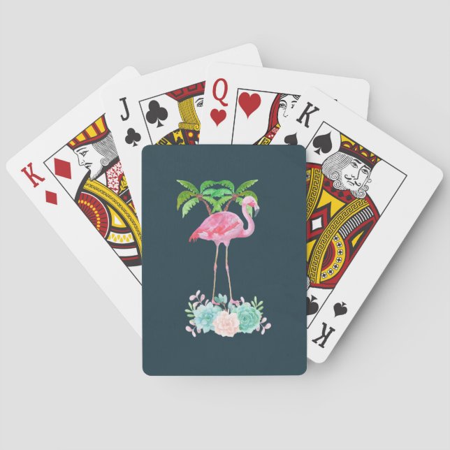 Pink Flamingo Palm trees and Floral Succulents Poker Cards (Back)