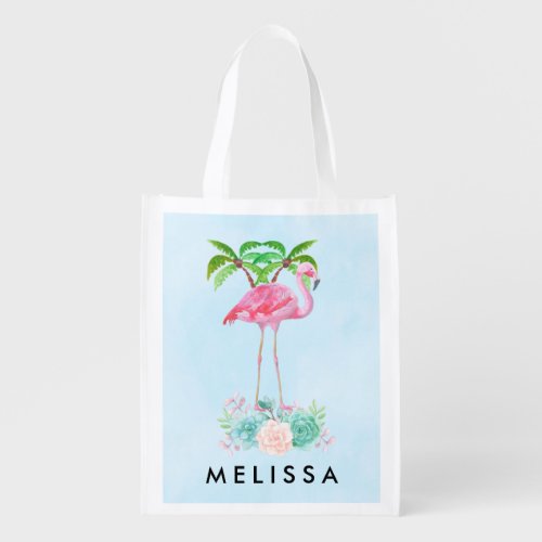 Pink Flamingo Palm trees and Floral Succulents Reusable Grocery Bag