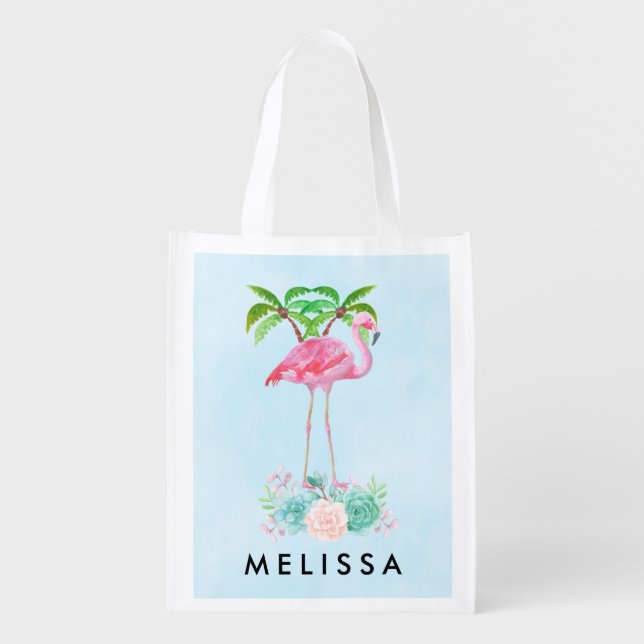 Pink Flamingo Palm trees and Floral Succulents Reusable Grocery Bag (Front)