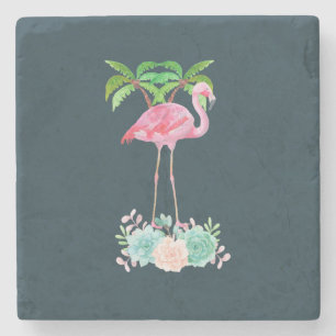 Pink Flamingo Palm trees and Floral Succulents Stone Coaster