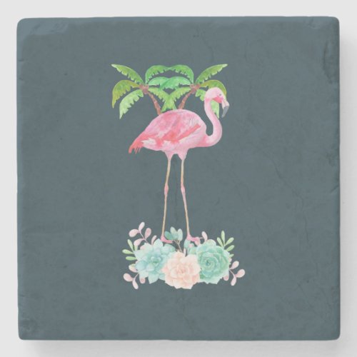 Pink Flamingo Palm trees and Floral Succulents Stone Coaster