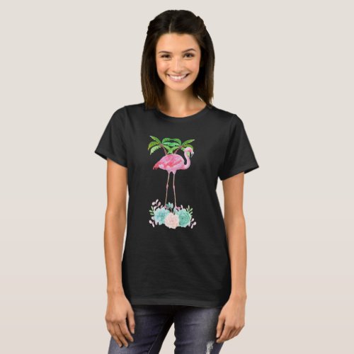 Pink Flamingo Palm trees and Floral Succulents T_Shirt
