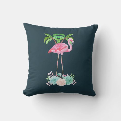 Pink Flamingo Palm trees and Floral Succulents Throw Pillow
