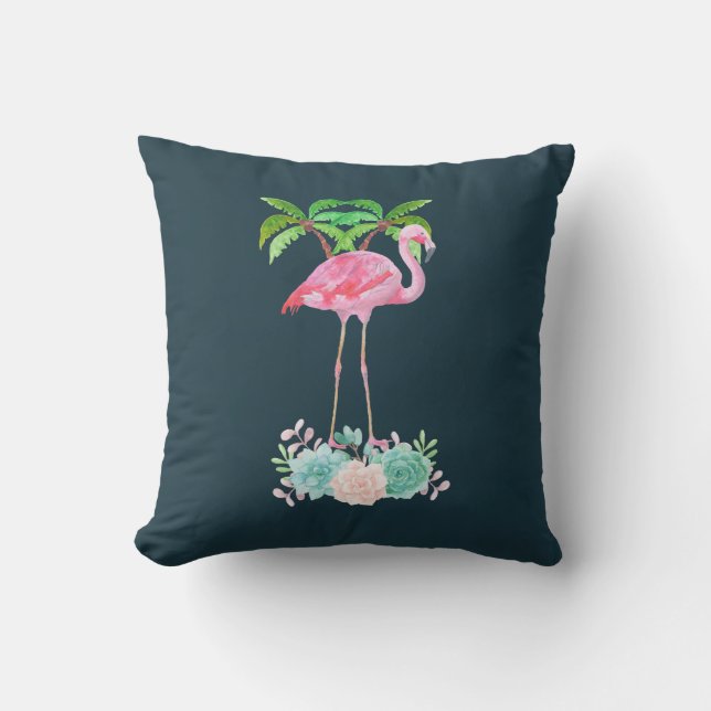 Pink Flamingo Palm trees and Floral Succulents Throw Pillow (Front)