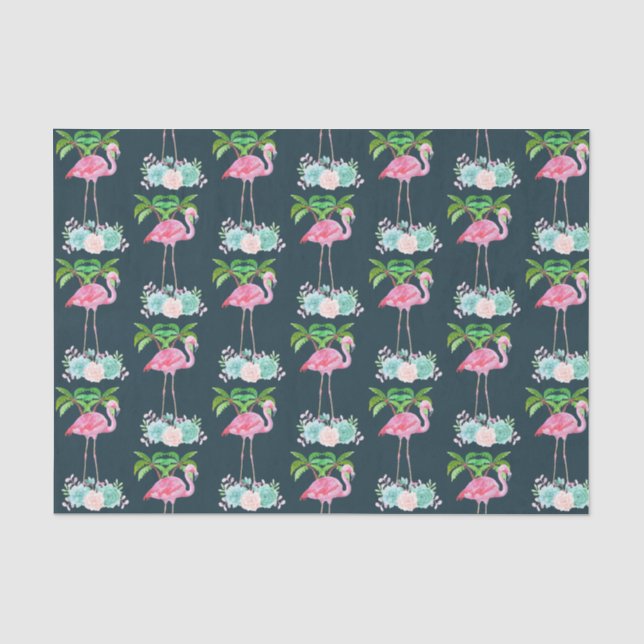Pink Flamingo Palm trees and Floral Succulents Tissue Paper (Front)