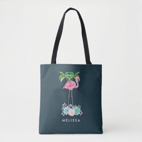 Pink Flamingo Palm trees and Floral Succulents Tote Bag