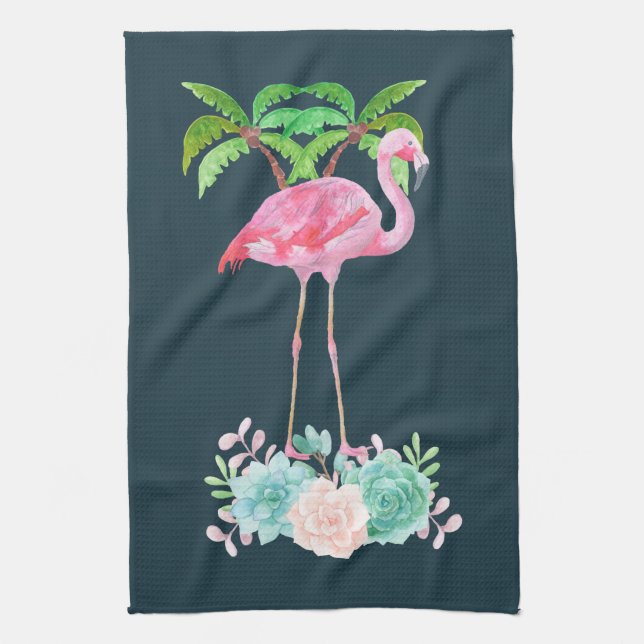Pink Flamingo Palm trees and Floral Succulents Towel (Vertical)