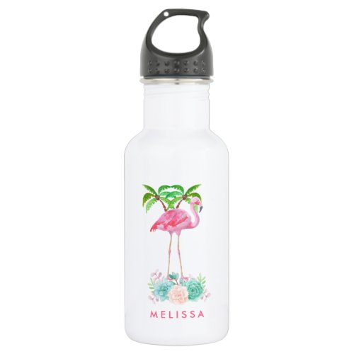Pink Flamingo Palm trees and Floral Succulents Water Bottle